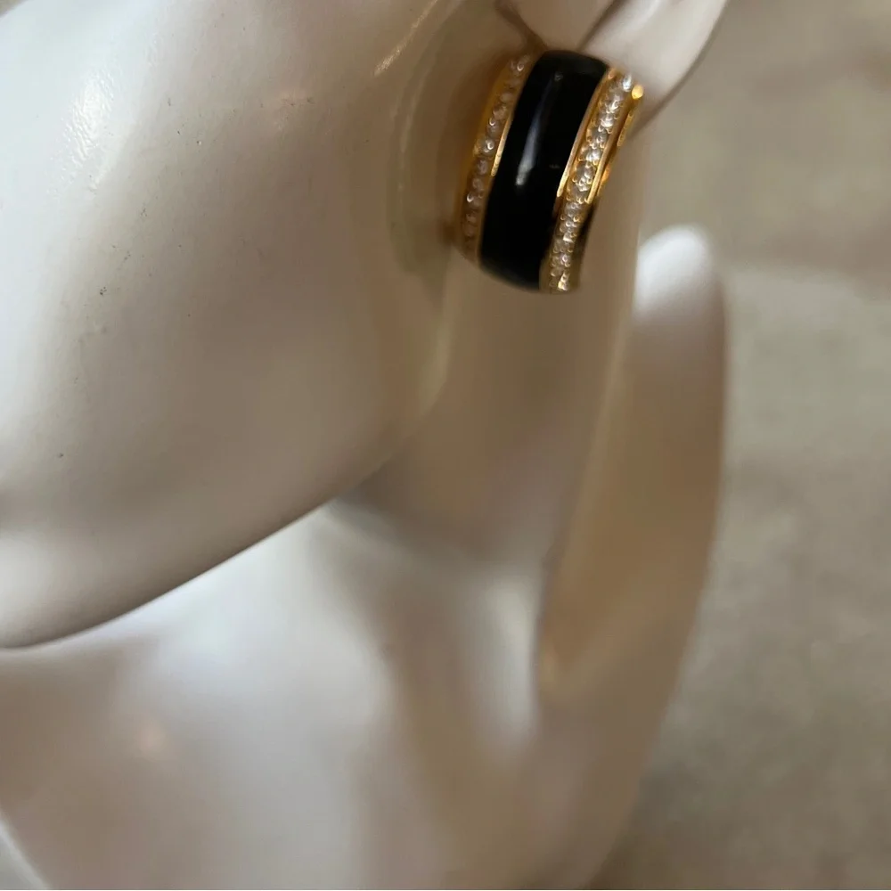 Vintage Gold Black Enamel pierced Earrings Rhinestone accents